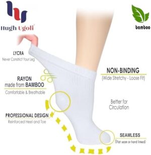 Hugh Ugoli Women's Bamboo Diabetic Ankle Socks, Super Soft Seamless Toe Non Binding, Wide, Loose Fit & Stretchy, 3 Pairs - Image 2