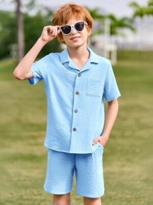 Haloumoning Boys 2 Pieces Summer Outfits Beach Short Sleeve Button Down Shirts and Shorts Vacation Texture Sets for Kids - Image 2