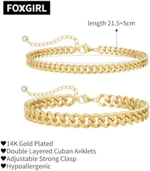 Foxgirl Gold Ankle Bracelets for Women 14K Gold Plated/Silver Anklets for Women Waterproof Minimalist Cuban Link Anklets Set Dainty Layered Ankle Bracelets Anklets for Women Gold Anklet Jewelry Gifts - Image 5