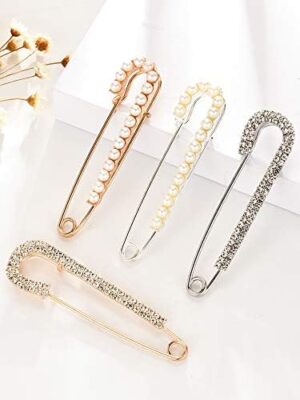 Women Brooch Pins Sweater Shawl Clips Faux Crystal Pearl Brooches Safety Pins Dress Shirt Clips for Women Gold Silver (4 Pieces) - Image 6