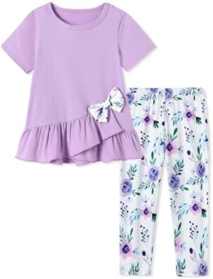 Toddler Girl Clothes 2-7T Girls Outfit, Short Sleeve Ruffle Bowknot Top + Floral Capri Pants 2Pcs Spring Summer Set