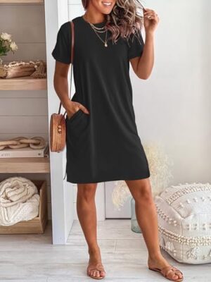 ANRABESS Womens Short Sleeve Crewneck Striped Casual Slit Shift T Shirt Mini Dresses with Pockets 2025 Summer Fashion - Image 6