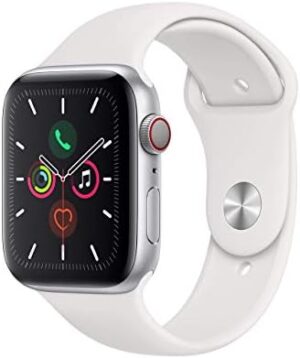 Apple Watch Series 5 (GPS + Cellular, 44MM) - Silver Aluminum Case with White Sport Band (Renewed)