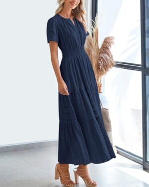 BTFBM Womens Summer 2025 Casual Midi Maxi Dresses Lightweight Short Sleeve V Neck Elastic Waist Boho Beach Dress Pockets - Image 7