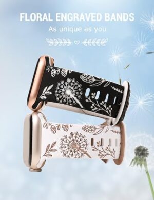 Wearlizer Floral Engraved Band Compatible with Apple Watch Bands 41mm 40mm 38mm 49mm 46mm 45mm 44mm 42mm Women, Two-Tone Flower Soft Silicone Cute Sport Strap for iWatch 10 9 8 7 6 5 4 3 2 1 SE Ultra - Image 2