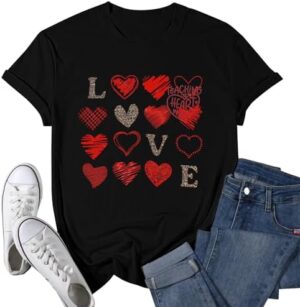 Valentine Day Shirt Women Leopard Love Heart Print T-Shirt Teachers Valentines Short Sleeve Tee Tops