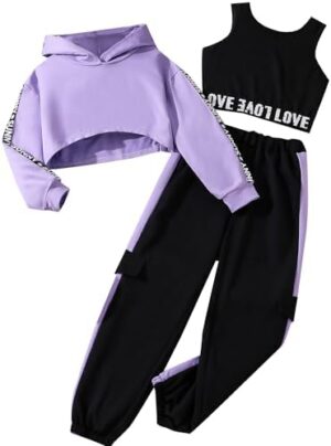 Hilinker Girls Graphic 3 Piece Outfits Workout Hoodie Crop Tank and Sweatpants Set