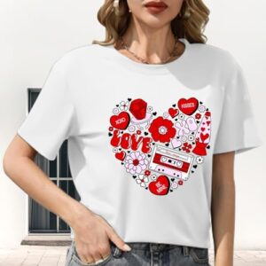 Valentine's Day Tshirt Women Cute Love Heart Tees Funny Cassette Tape Letter Print Splicing Short Sleeve Lover Tee Tops - Image 3