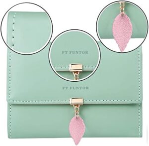 FT FUNTOR RFID Wallets for Women, Leaf Card Holder Trifold Ladies Wallets Coins Zipper Pocket with ID Window Green - Image 3