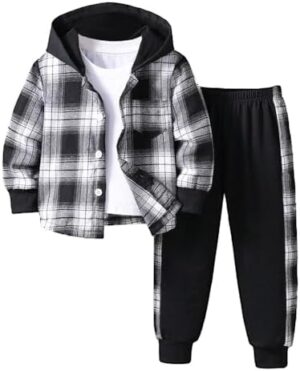 Toddler Boy Clothes Plaid Hooded Shirt - 2 Piece Outfit: Button Front Toddler Hoodie & Sweatpants Set (3~7 years)