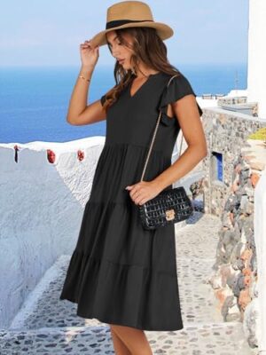 ANRABESS Womens Summer Ruffle Sleeve V Neck Midi Dress 2025 Fashion Casual Fit Flowy Tiered Boho Beach Vacation Sundress - Image 3