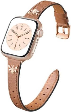 Adorve Slim Leather Band Compatible with Apple Watch Bands for Women 40mm 41mm 38mm 42mm 44mm 45mm 46mm, Top Grain Genuine Soft Leather Band with Charms for iWatch Bands Series SE 10 9 8 7 6 5 4 3 2 1