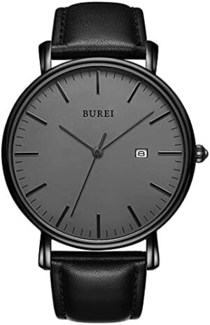 BUREI Men Wrist Watches Fashion Minimalist Analog Leather Quartz Waterproof Watches for Men