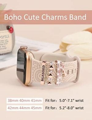 (Include Band) Decorative Ring Loops Compatible with Apple Watch Band Charms 41mm 40mm 38mm 42mm 44mm 45mm 49mm Women, Boho Engraved Silicone Dressy Strap for iWatch Series 9 Ultra SE 8 7 6 5 4 3 2 1 - Image 5