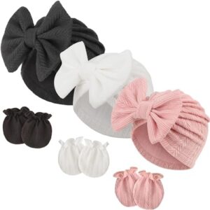 BQUBO Newborn Baby Hospital Hats Beanie Bow Infant Caps Baby Cotton No Scratch Mittens Set for 0-12 Months