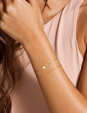 DEARMAY Dainty Initial Heart Gold Bracelets for Women Trendy, 14K Real Gold Letter Charm Bracelet Jewelry Cute Simple Fashion Chain Bracelets for Women Gift - Image 5