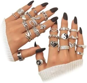 IFKM Vintage Silver Knuckle Rings Set for Women, Stackable Joint Finger Statement Rings Bohemian Retro Hollow Carved Midi Rings, Boho Halloween Skeleton Skull Snake Heart Chunky Stacking Rings Pack