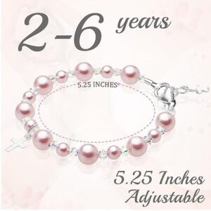 Pearl Bracelets for Girls, Sterling Silver Cross Charm, Baptism Gifts for Girl, Girls Bracelet, Rosaline Pink Pearls and Crystals, Girls Jewelry Birthday Gift - Image 2