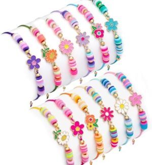 12 Pcs Kids Bracelet for Girls Toddler Jewelry Groovy Flower Princess Party Favors Friendship Bracelets Adjustable Pretend Play Goodie Bag Classroom Reward