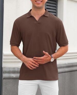 Hodaweislop Men's Knit Polo Shirts V Neck Casual Short Sleeve Classic Fit Ribbed Golf Shirt - Image 3