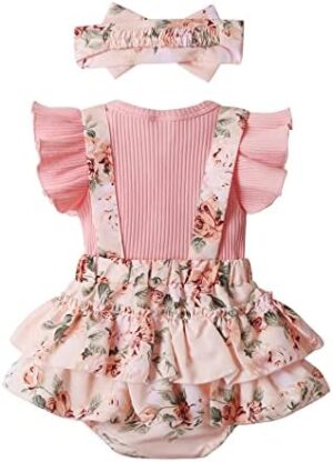 Newborn Baby Girl Clothes Infant Romper Floral Suspender Dress Ruffle Sleeve Onesie Outfit Jumpsuit Headband Spring Summer - Image 3