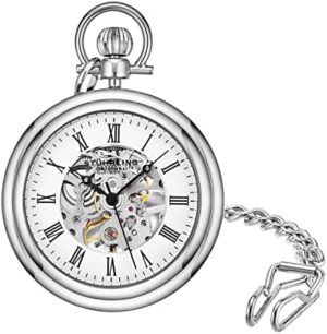 Stuhrling Original Men's Pocket Watch Stainless Steel Analog Skeleton Watch Hand Wind Mechanical Movement Stainless Steel Chain