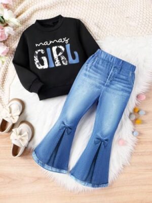 Toddler Girl Clothes Long Sleeve Cartoon & Letter Graphic Top + Fruit Stationery Print Flared Leg Pants - Image 5