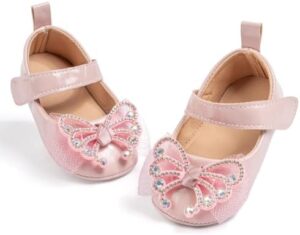 Sawimlgy Baby Girls Mary Jane Sequins Crown Flats PU Leather Wedding Party Princess Ballet Shoe Infant Rubber Sole Prewalker Toddler First Crib Shoes