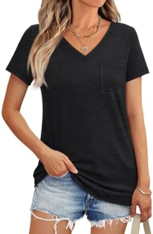 AUTOMET Womens T Shirts Short Sleeve V Neck Tops with Pockets Summer Fashion Trendy Soft Casual Comfy Outfits Clothes 2025