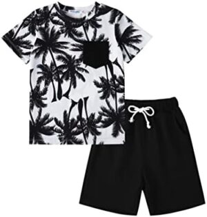 GERU Boy Shorts Sets Hawaiian Outfit Kid Leaves Floral Short Sleeve Shirt Top+shorts Suits