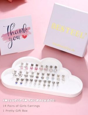 BESTEEL Silver Hypoallergenic Earrings for Girls Ages 8-12, Screw Back Stud Earrings for Kids, Cute Flat Back Surgical Steel Earring for Little Girl Sensitive Ears, Tiny Screwback Toddler Earrings Set - Image 4