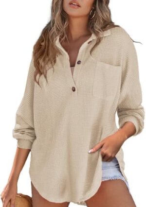 Astylish Women Waffle Knit Tops Henley Shirts Long Sleeve V Neck Solid Color Casual Tunic