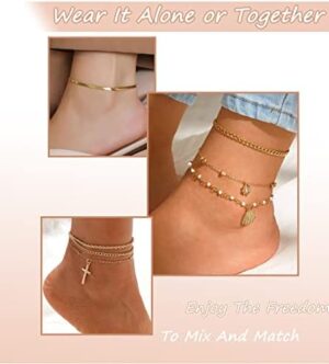 FANDY 21 Pcs Gold Ankle Bracelet for Women Gold Cuban Link Chain Anklet Cute Evil Eye Anklet Gift Set - Image 3