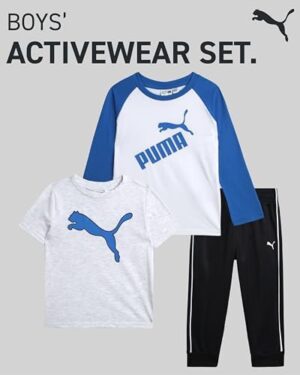 PUMA Toddler Boys Pants Set - 3 Piece Short Sleeve T-Shirt, Long Sleeve T-Shirt and Tricot Pants - Boys Activewear Set, 2T-4T - Image 2