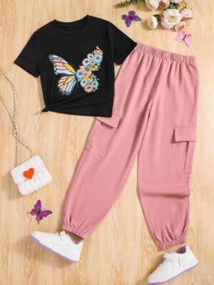 Kid Girl Clothes Outfits Figure Letter Graphic Tee Top + Flap Pocket Pants 2PC Spring Summer Clothing Set - Image 3