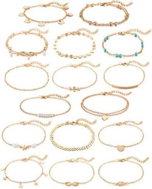 Softones 16Pcs Ankle Bracelets for Women Gold Silver Two Style Chain Beach Anklet Bracelet Jewelry Anklet Set,Adjustable Size