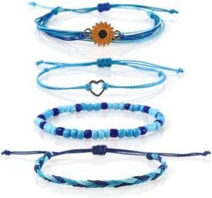 COLORFUL BLING 4 pieces Summer Surf Anklet Bracelet Adjustable Chain Braided Rope Bracelet Sunflower Friendship Bracelet Beach Surf Jewelry Female-B blue