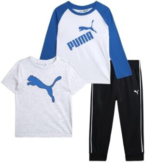 PUMA Toddler Boys Pants Set - 3 Piece Short Sleeve T-Shirt, Long Sleeve T-Shirt and Tricot Pants - Boys Activewear Set, 2T-4T