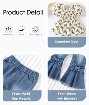 Kucnuzki Toddler Kids Girls Clothes Short Sleeve Shirt Top Flare Denim Jeans 2 Piece Outfits For Girls Cute Clothing Set - Image 4