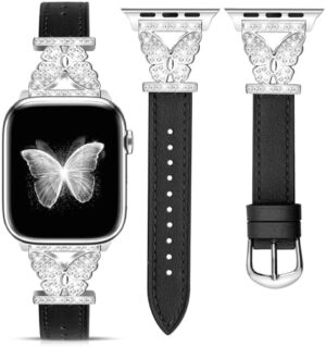 JR.DM Leather Watch Bands for Women Compatible with Apple Watch 38mm 40mm 41mm 42mm (S10) with Silver Bling Butterfly Connector Slim Leather Strap for iWatch Series 10/9/8/7/6/5/4/3/2/1/SE