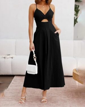 BTFBM Women 2025 Summer Spaghetti Strap Dress Sleeveless V Neck Cutout Slit Casual Beach Party Maxi Dresses with Pockets - Image 7