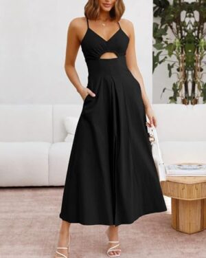 BTFBM Women 2025 Summer Spaghetti Strap Dress Sleeveless V Neck Cutout Slit Casual Beach Party Maxi Dresses with Pockets - Image 2