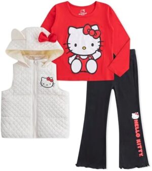 Hello Kitty Sanrio Girls 3 Piece Long Sleeve Shirt, Hooded Vest, and Flared Pants Set with Ears for Big Kids