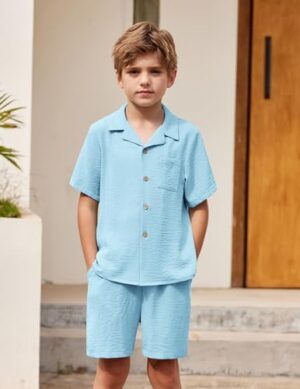 Arshiner Boys 2 Pieces Summer Beach Outfits Short Sleeve Button Down Shirts and Shorts Vacation Texture Sets for Kids - Image 2