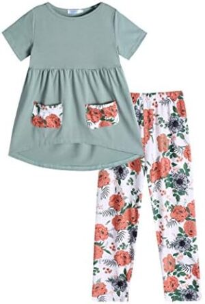 Arshiner Toddler Girls Outfits Floral Hi-Lo Tops+pants Sets Short SLeeve 2pcs Pants Sets with Pockets