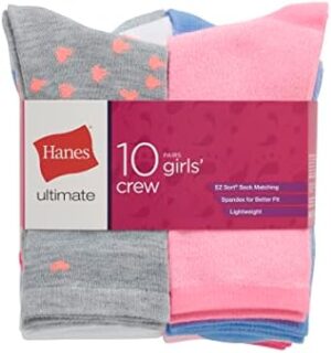 Hanes Girls' Ultimate Fashion Crew Socks Pack, Lightweight Stretch Crew Socks, Assorted 10-Pair Pack, Small - Image 4