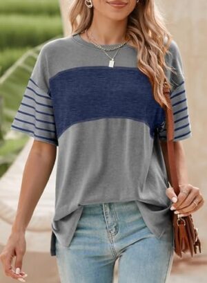 Dokotoo Summer Tops Trendy Oversized 2025 Crewneck Casual Color Block Striped Womens Shirts Blouses - Image 2