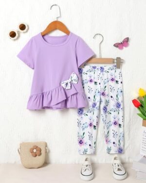 Toddler Girl Clothes 2-7T Girls Outfit, Short Sleeve Ruffle Bowknot Top + Floral Capri Pants 2Pcs Spring Summer Set - Image 6