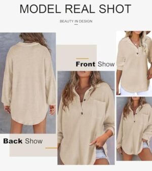 Astylish Women Waffle Knit Tops Henley Shirts Long Sleeve V Neck Solid Color Casual Tunic - Image 5