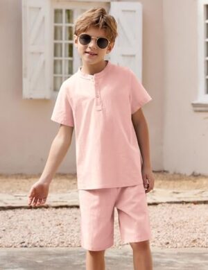 Arshiner Boy's 2 Pieces Cotton Linen Set Casual Henley Shirts Short Sleeve Beach Shorts Summer Outfits for 5-12 Years - Image 3